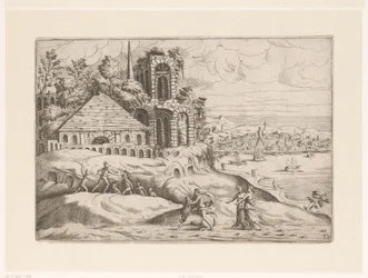 Landschaft mit antiken Ruinen und dem Koloss von Rhodos