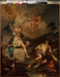 Diana und Endymion. In der griechischen Mythologie besucht Diana (Artemis) während der Nacht Endymion, der in ewigen Schlaf versunken ist, nur um seine Schönheit zu betrachten.