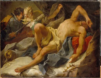 Der Tod des Königs Kandaules (oder Sadyattes oder Myrsilos, König von Lydien, 8. Jahrhundert v. Chr.). Von Gyges, seinem Vertrauten und Rivalen, ermordet, der ihn ersticht und seine Frau, Königin Tudo, heiratet