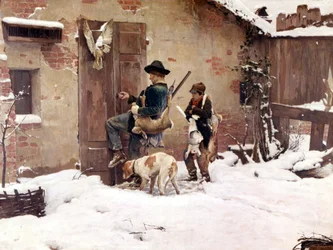 Zurück von der Jagd. Gemälde von G. Quadrone. 1890 Mailand