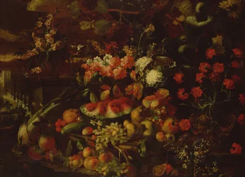 Stillleben mit Obst, Gemüse und Blumen