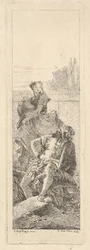 Ein bärtiger, sitzender Mann blickt über seine rechte Schulter zu einem Kind und einer Frau, ca. 1750-55