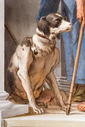 Hund, Detail von der griechischen Flotte in Aulis, aus der Eingangshalle in der Palazzina