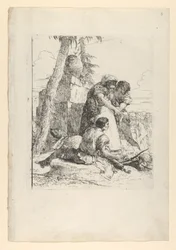 Magier, der auf einen brennenden Kopf zeigt, zu zwei Jugendlichen, aus den Scherzi, ca. 1743-50