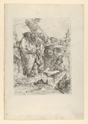Frau, die vor Zauberern und anderen Figuren kniet, aus den Scherzi, ca. 1743-50