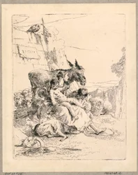 Frau mit zwei Kindern und einem Esel, Platte 21 aus den Scherzi di Fantasia