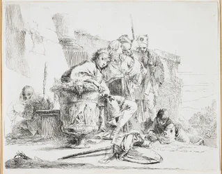 Junger Mann sitzt, lehnt an einer Urne, Platte aus Vari Capricci, 1740er Jahre