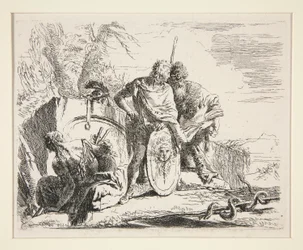 Junger Soldat mit Philosoph und sitzender Frau, aus der Serie Vari Capricci