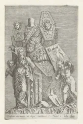 Trophäe von Waffen, eine Frauenfigur und Engel