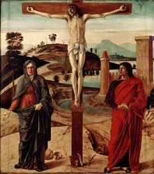 Kalvarienberg oder Kreuzigung. Gemälde von Giovanni Bellini, genannt il Giambellino (1432-1516). Maße: 71x63cm. Florenz, Sammlung Contini Bonacossi