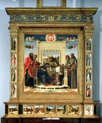 Krönung der Jungfrau mit den Heiligen Paulus, Petrus, Hieronymus und Franz von Assisi sowie Szenen aus dem Leben der Heiligen auf der Predellentafel, bekannt als Altarbild Pala di Pesaro, ca. 1474