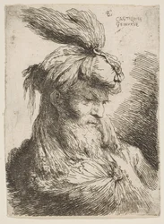 Kopf eines bärtigen Mannes mit Turban nach rechts, aus der Serie Kleine Köpfe..., ca. 1645-1650