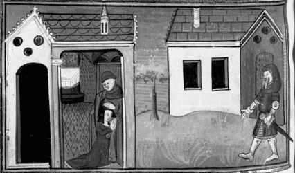 Dekameron, Arimino hört das Geständnis seiner Frau; der Mann hält Wache an der Tür des Hauses. Siebter Tag, Novelle 5