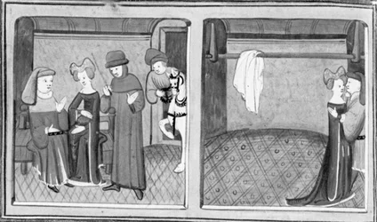 Dekameron, Francesco Vergellesi erlaubt Zima, mit seiner Frau zu sprechen; Zima und Francescos Frau küssen sich. Dritter Tag, 5. Novelle
