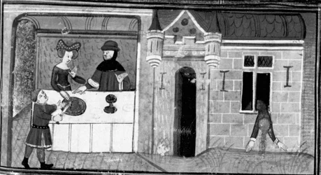 Dekameron, Guilielmo Rossiglione lässt seiner Frau das Herz von Guardastagno servieren; die Frau stürzt sich aus dem Fenster. Vierter Tag, Novelle 9.