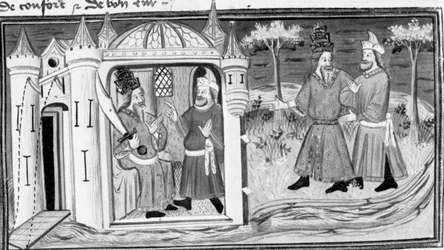 Decameron, Melchisedech erzählt Saladin das Gleichnis von den drei Ringen; die beiden Männer werden Freunde. Erster Tag, Geschichte 3.