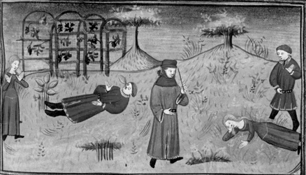 Dekameron, Simona trauert um den Tod von Pasquino; Simona fällt tot vor dem Richter um. Vierter Tag, Novelle 7.
