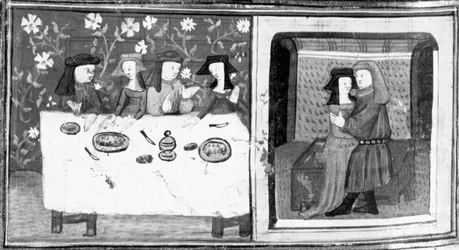 Dekameron, Spinelloccio und Zeppa sitzen mit ihren Frauen am Tisch; Zeppa küsst die Frau von Spinelloccio. Achter Tag, Novelle 8