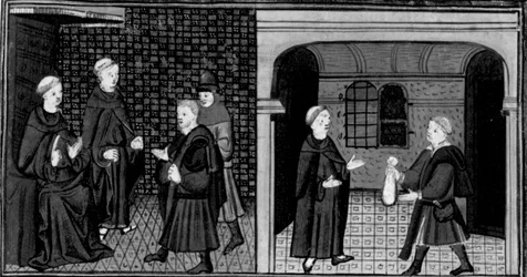 Decameron, Ein Inquisitor verhört einen Mann; der Mann übergibt dem Inquisitor Geld. Erster Tag, Geschichte 6.