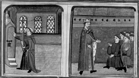 Dekameron, Ein Stallknecht klopft als König verkleidet an die Tür der Königin; der König konfrontiert seine Diener. Dritter Tag, Novelle 2.