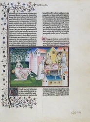 Gabriotto stirbt in Andreuolas Armen, Andreuola bringt seinen Körper nach Hause und wird verhaftet, Andreuola wird für unschuldig erklärt und wird Nonne, Miniatur aus dem Decameron, Vierter Tag, Sechste Geschichte