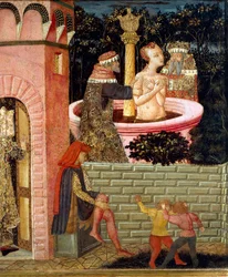 Geschichten von Susanne, um 1450, Vorderseite einer bemalten Truhe (Detail)