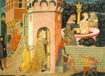 Geschichten von Susanne, um 1450, rechte Seite einer bemalten Truhe, Detail
