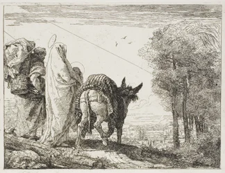 Maria hält das Kind in ihren Armen und Joseph mit dem Korb, Platte zehn aus Die Flucht nach Ägypten