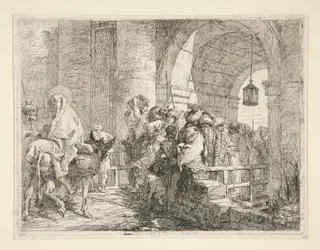Die Ankunft der Heiligen Familie am Tor einer Stadt, aus der Serie Idee pittoresche sopra la fuga in Egitto (Flucht nach Ägypten)