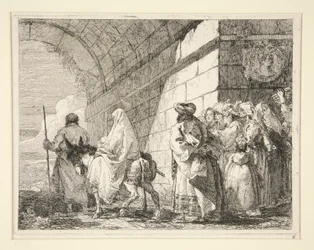 Die Heilige Familie unter einem Bogen hindurchgehend, die Stadt durch ein Tor verlassend, aus der Serie Idee pittoresche sopra la fuga in Egitto (Flucht nach Ägypten)