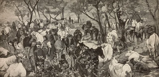 Markt in den toskanischen Apenninen, Gravur nach einem Gemälde von Giovanni Fattori, aus L