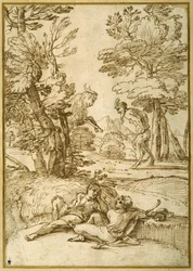 Landschaft mit zwei Hirtenjungen, die sich ausruhen, während ein Satyr und eine Ziege tanzen