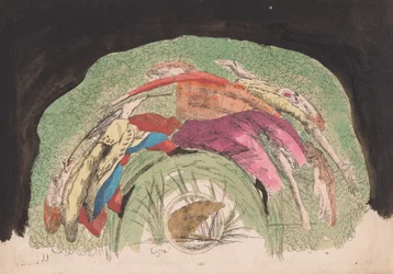 Eine Frau, die zwei Kinder in einem Korb trägt, mit einem Musiker