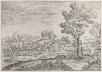 Ein Haus auf einem runden Felsen in der Mitte, Menschen im Fluss und in Kanus, 1626-80