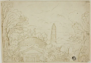 Landschaft mit Tempel, Obelisk und Aquädukt