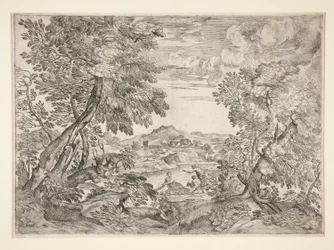 Landschaft mit drei Männern an einem Fluss