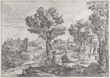 Landschaft mit einem Mann, der eine Schlange zu einem verängstigten Kind hält, beobachtet von einer modisch gekleideten Person, 1626-80
