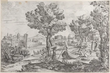 Landschaft mit einem Mann, der eine Schlange zu einem verängstigten Kind hält, beobachtet von einer modisch gekleideten Dame, 1626-80