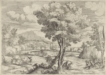 Landschaft mit Vogel auf Baumstumpf