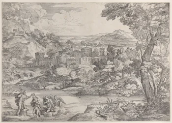 Die Taufe Christi unten links, in einer Landschaft