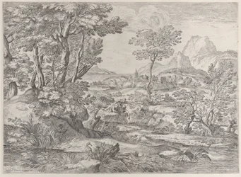 Drei Jungen in einer Landschaft mit einer Stadt im Hintergrund, 1626-80