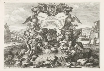 Brunnen mit Widmung an und Wappen von Livio Odescalchi