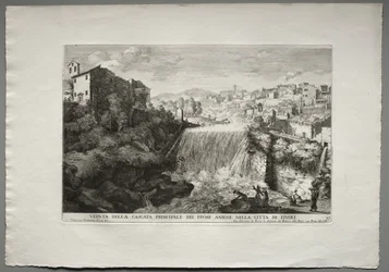 Die Brunnen von Rom (Le fontane di Roma), Buch IV, Platte 27: Ansicht des Hauptwasserfalls des Flusses Aniene in der Stadt Tivoli (Veduta della Cascata Principale del Fiume Aniene nelle citta di Tivoli)