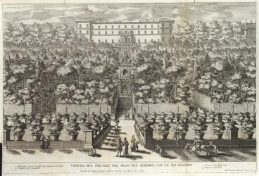 Veduta des Palastes vom Gartenebene mit seinen Brunnen, aus La Fontane, veröffentlicht ca. 1691