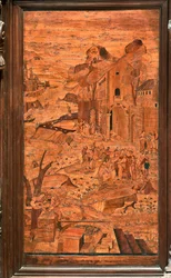 Genua, Duomo (St. Laurentius-Kathedrale), innen, Apsis, Chor, Nordseite: "Moses aus den Wassern gerettet", Holzeinlegearbeit von Giovanni Francesco Zambelli (16. Jahrhundert)
