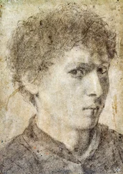 Kopf eines jungen Jungen, Zeichnung von Gian Girolamo Savoldo, schwarzer Bleistift und weiße Kreide, Italien