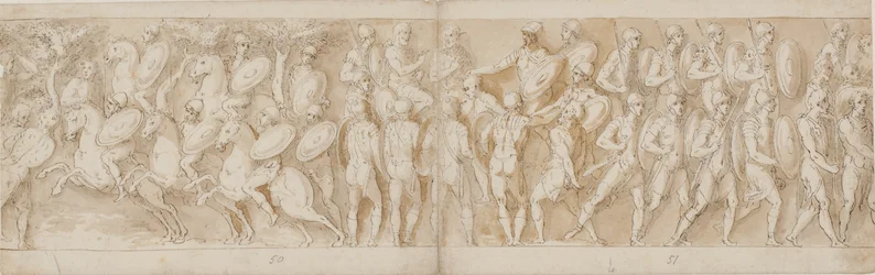 Römische Kavallerie (LXV); ein abgetrennter Kopf (von Guerra als Gefangener interpretiert) und ein deutscher Gefangener werden vor den Kaiser gebracht (LXVI); vorrückende Römer (LXVII)
