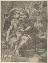 Diogenes sitzt mit seinem Fass hinter sich und liest ein Buch, während er einen Stock hält, ca. 1526-27