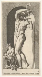 Tafel 17: Bacchus steht in einer Nische und hält Trauben über einen Teller, begleitet von einem Kind..., 1526