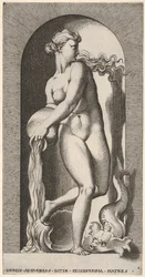 Platte 6: Thetis steht in einer Nische mit einer Muschel und einem Meereswesen und gießt Wasser aus, 1526